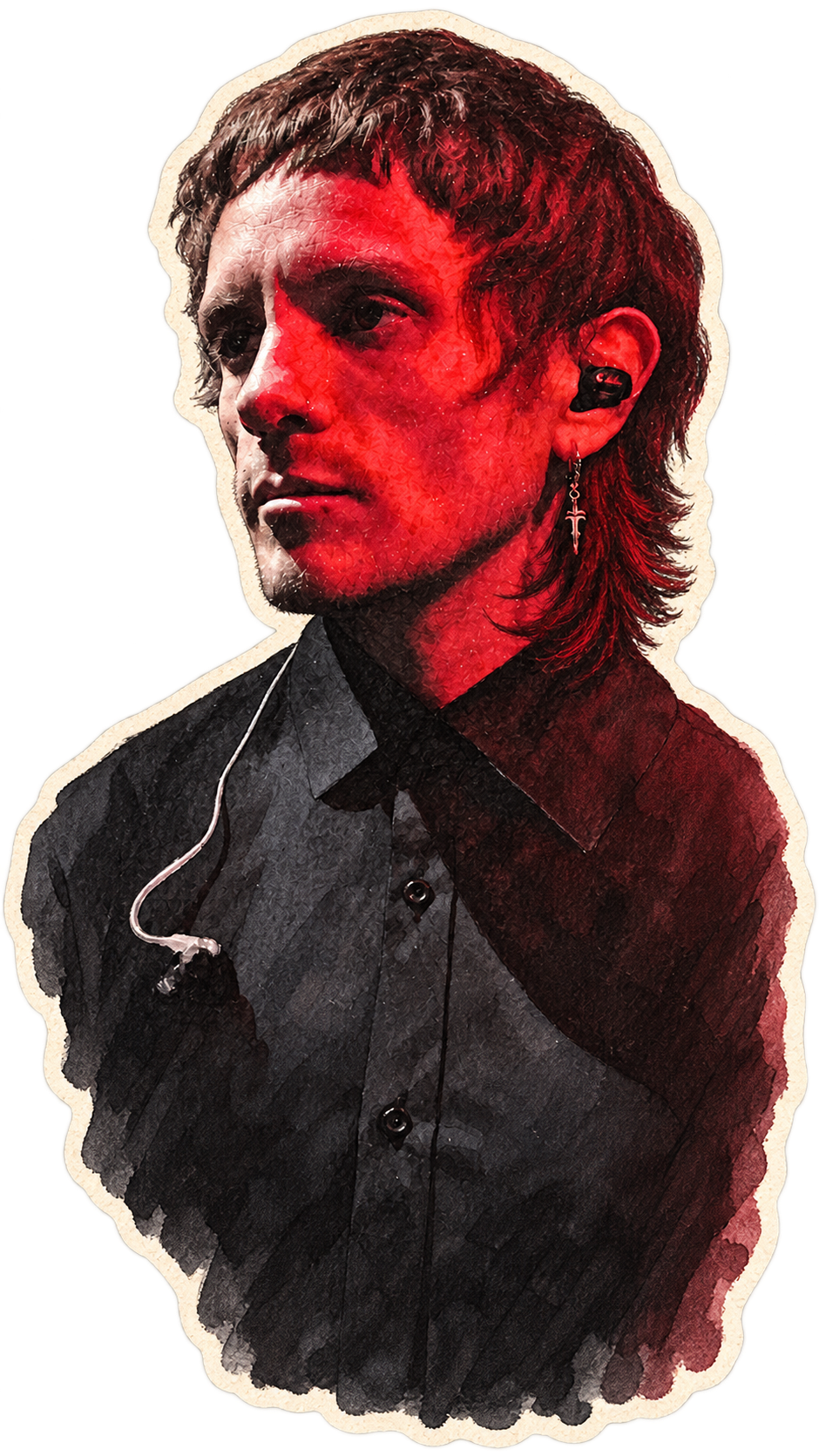 Watercolor portrait of Christian under red stage lighting