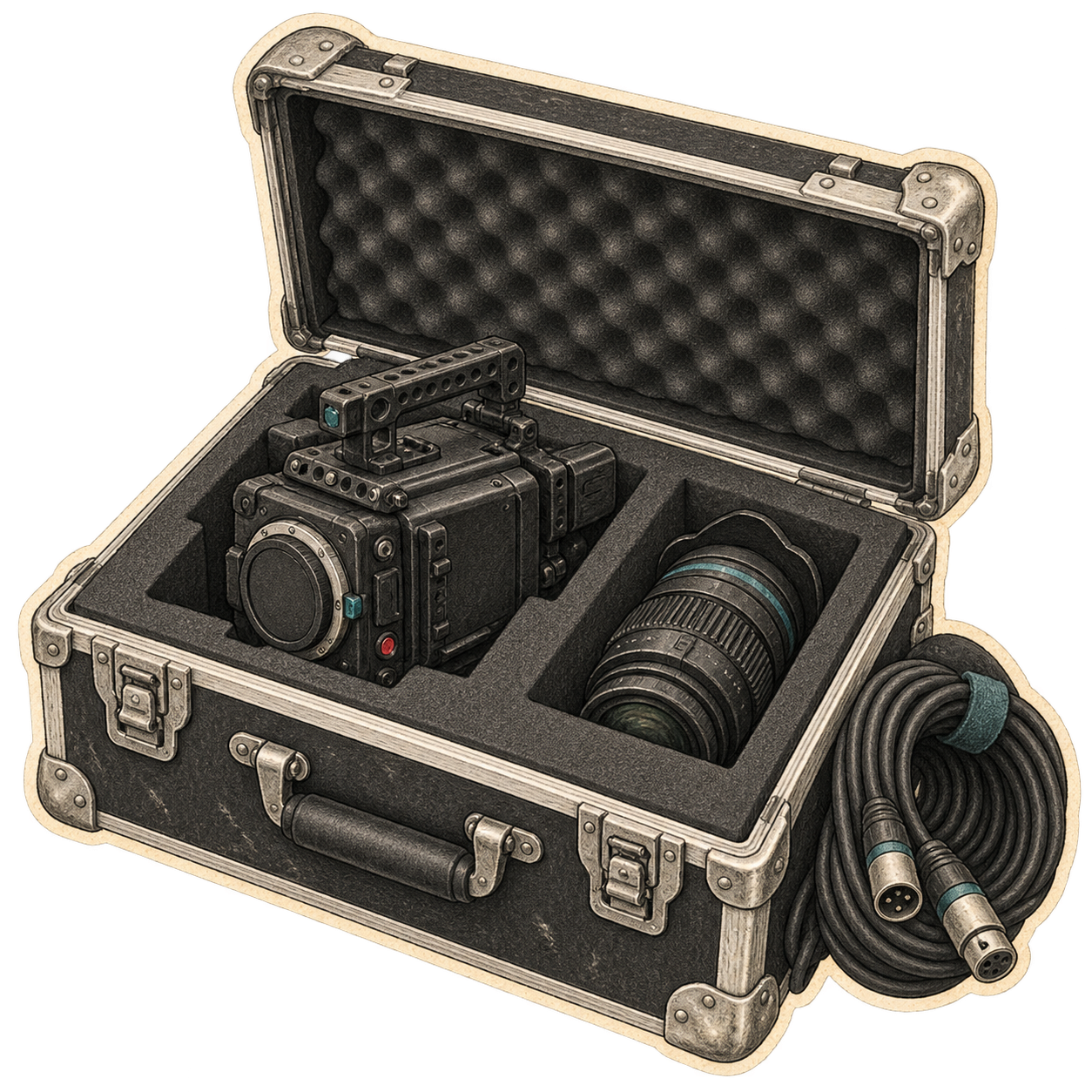 Colored-pencil camera, lens, and cable in an open equipment case