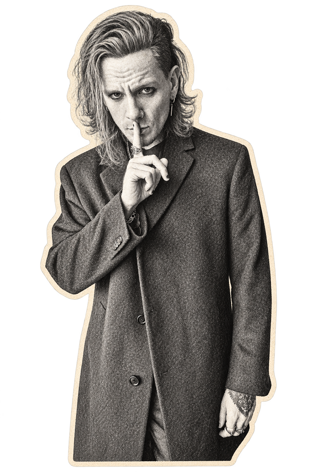 Black-and-white pencil portrait of JRNXLST