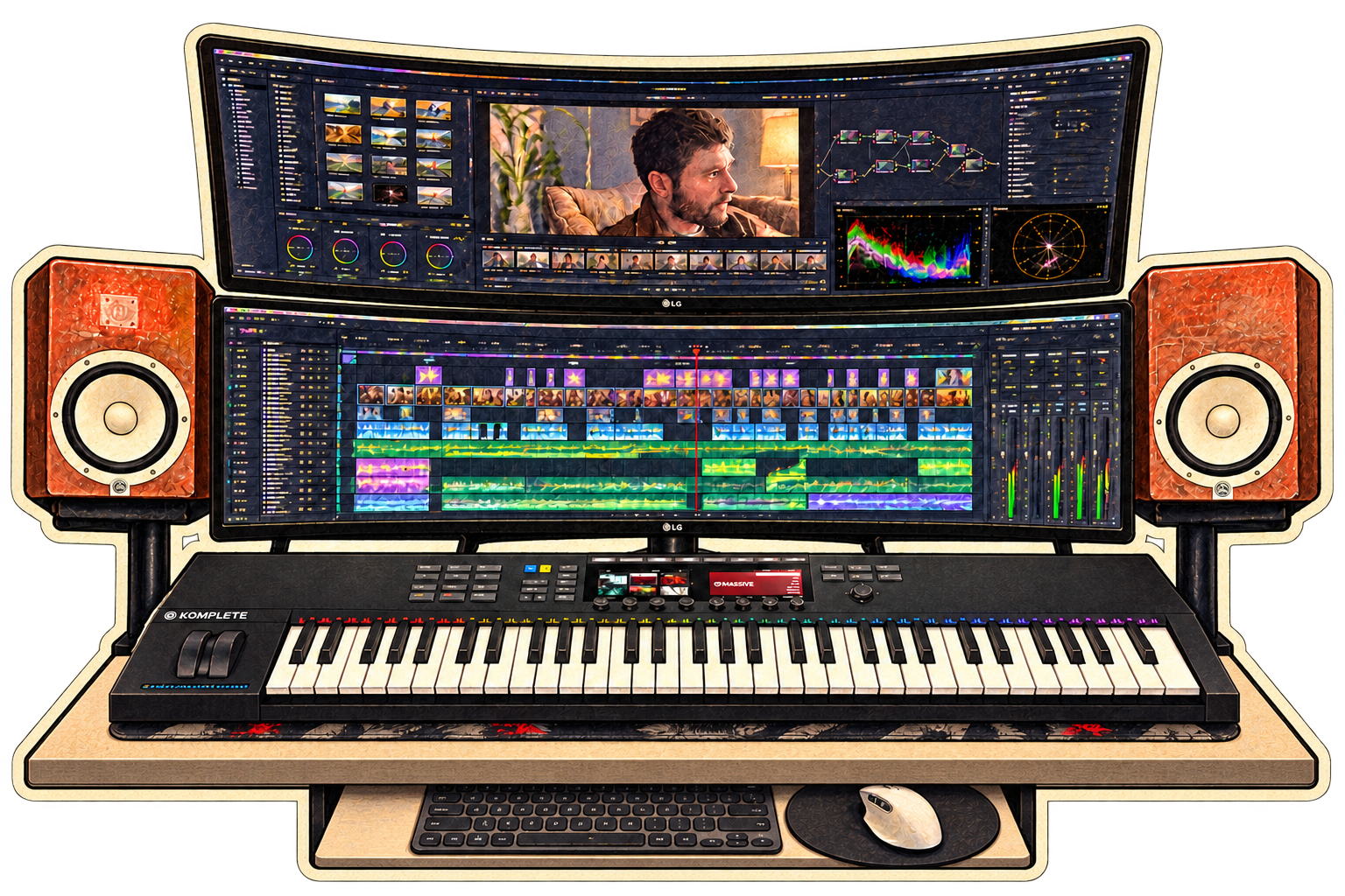 Illustrated studio workstation with stacked ultrawide editing monitors, musical keyboard, speakers and a pull-out keyboard tray