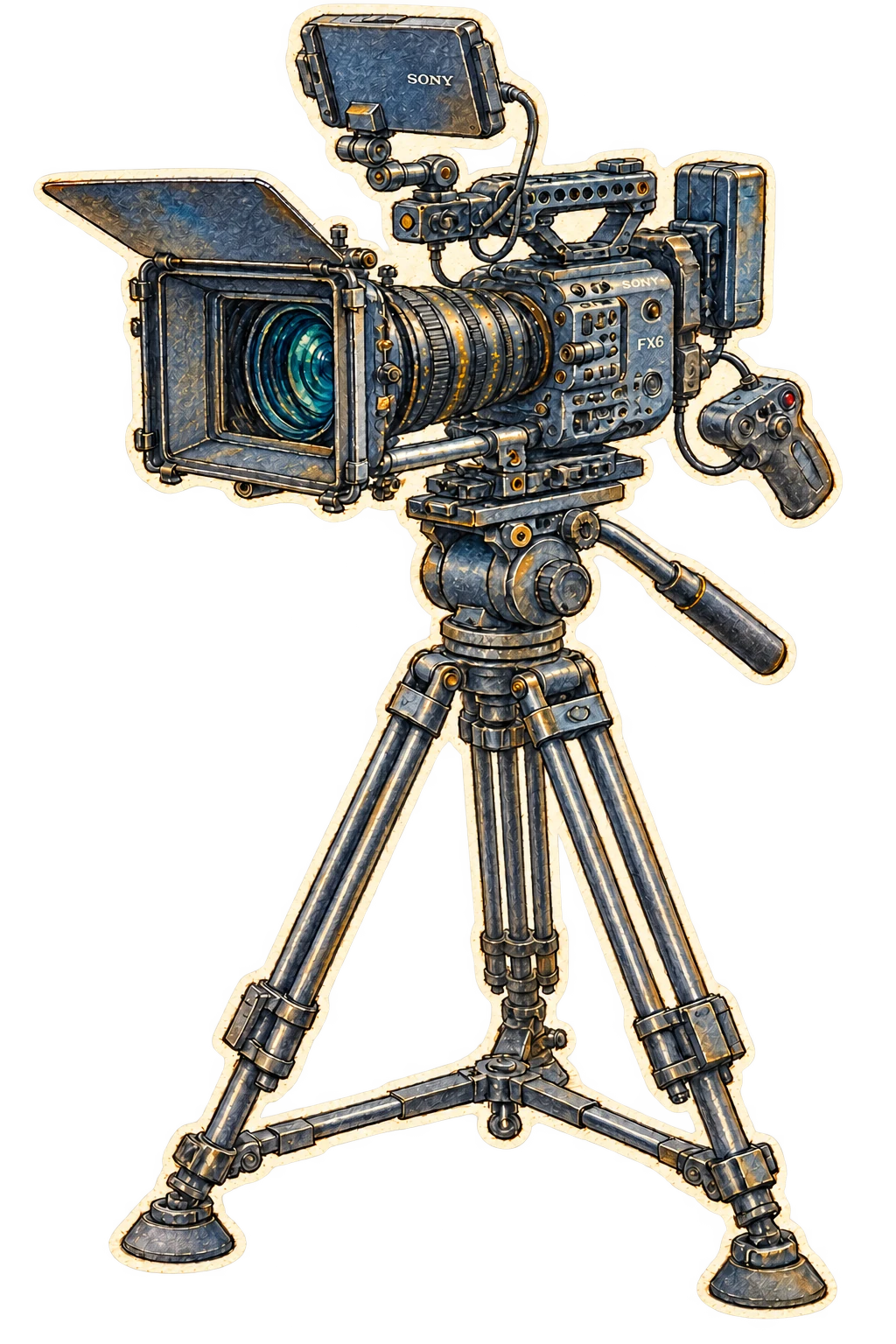 Pencil and watercolor drawing of a Sony FX6 on a tripod