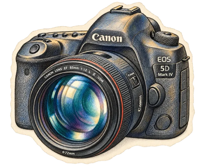 Pencil and watercolor drawing of a Canon 5D Mark IV