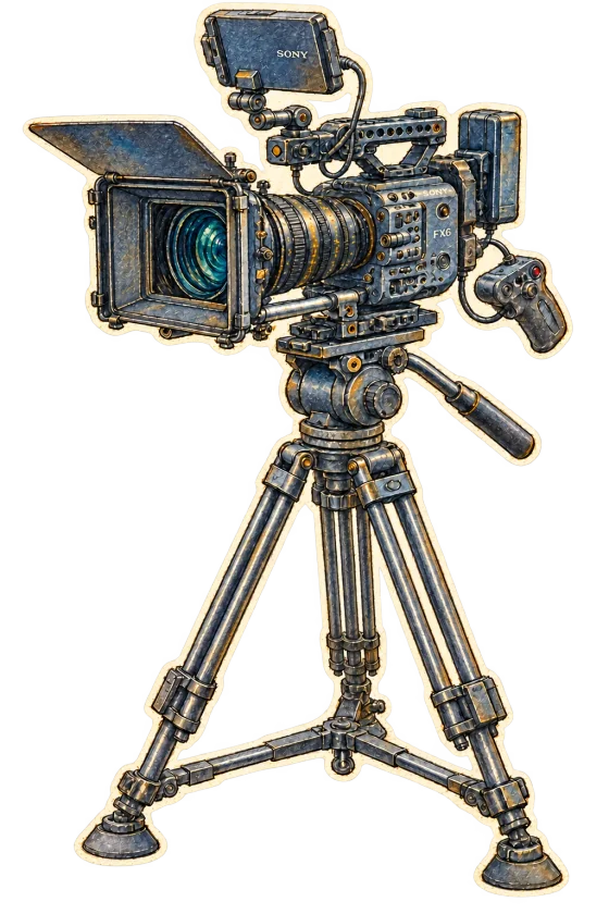 Pencil and watercolor drawing of a Sony FX6 on a tripod