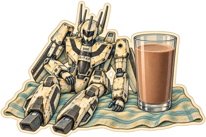 White Robot beside a tall glass of chocolate milk, one shared illustrated cutout