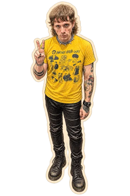 Christian A. Guerrero in his yellow Wong Kar-wai shirt, illustrated in pencil and watercolor