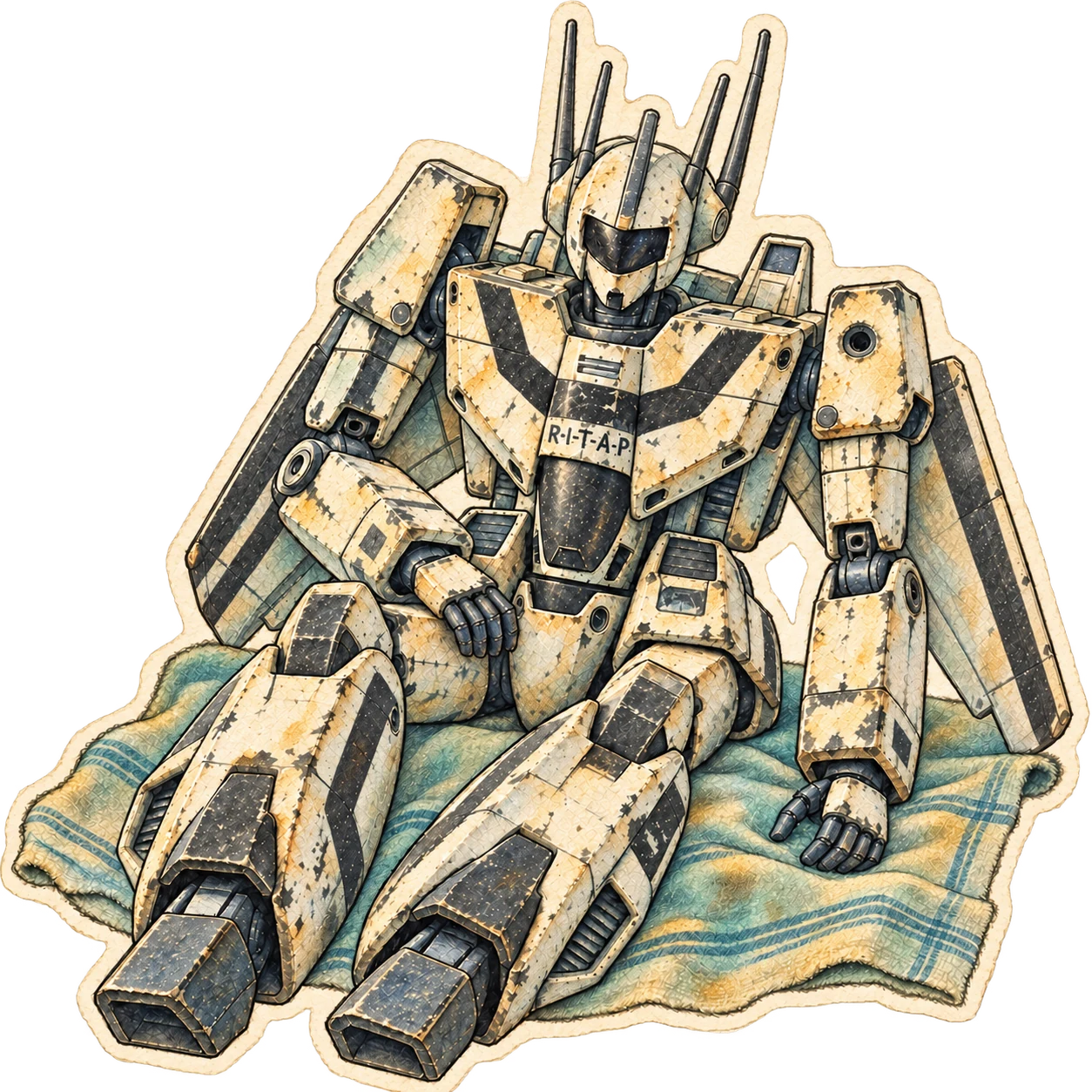 Pencil and watercolor drawing of the seated, worn White Robot