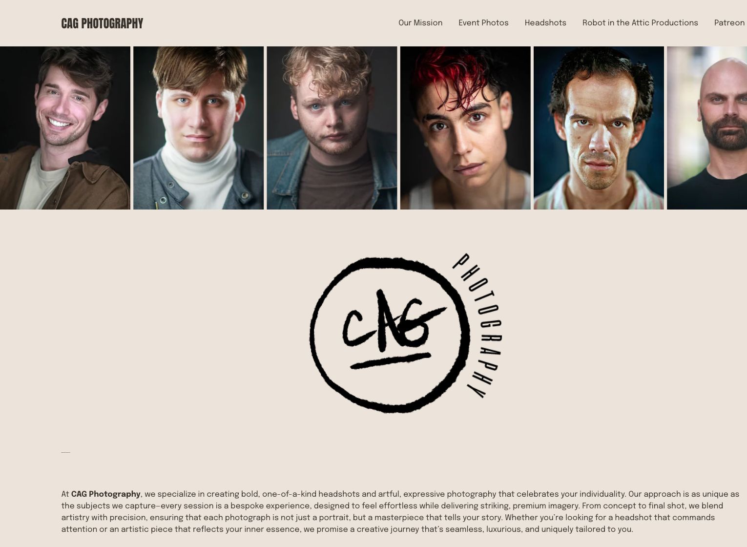 CAG Photography website with a row of six portraits and the CAG Photography logo on a warm paper background